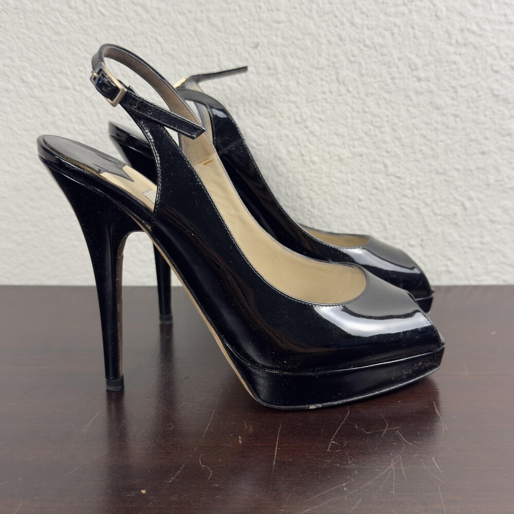 Jimmy Choo Clue Shoes Womens Size 6 Black Patent Slingback Peep Toe Heels Italy